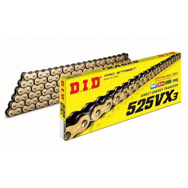 Drive chain DID pitch 525 street heavy-duty with X-RING 114 links -gold 525VX3.114